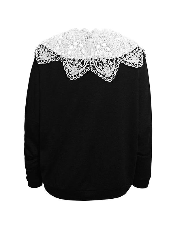 Long Sleeves Loose Hollow Split-Joint Round-Neck Blouses&Shirts Tops