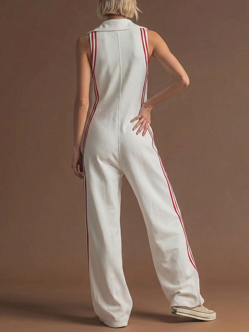 Loose Sleeveless Buttoned Pockets Striped Lapel Jumpsuits