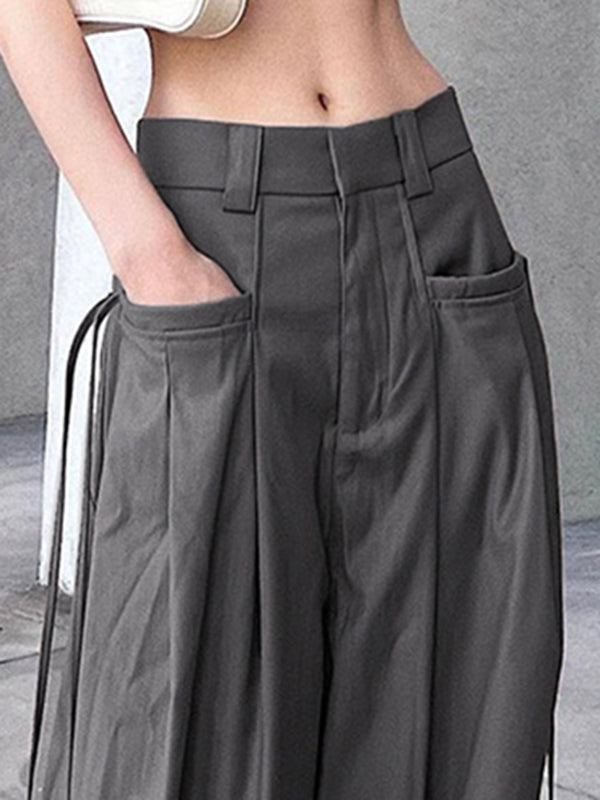 High Waisted Loose Pleated Solid Color Split-Joint Streamer Pants Trousers