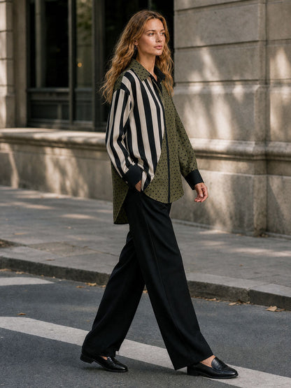 Striped Split-Joint Polka-Dot Buttoned Asymmetric Loose Long Sleeves Lapel Blouses&shirts Tops