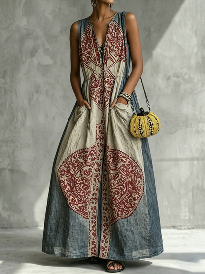 Loose Sleeveless Contrast Color Pleated Pockets V-Neck Maxi Dresses