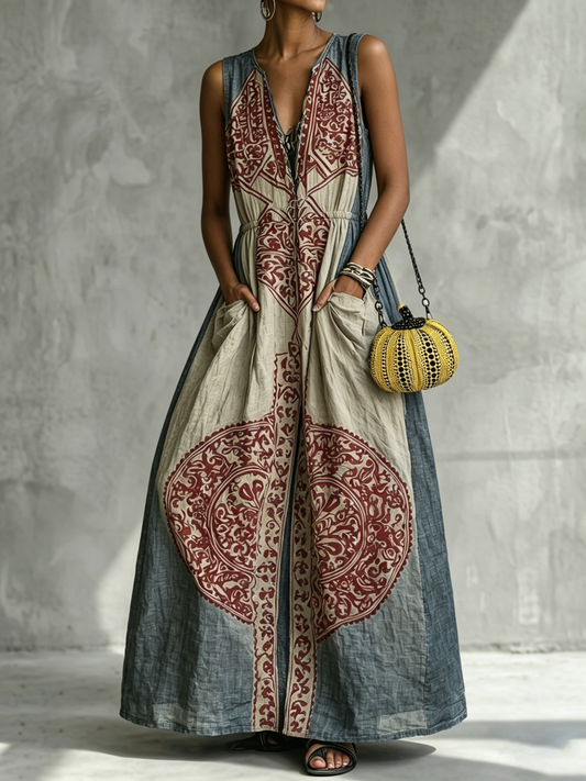 Loose Sleeveless Contrast Color Pleated Pockets V-Neck Maxi Dresses