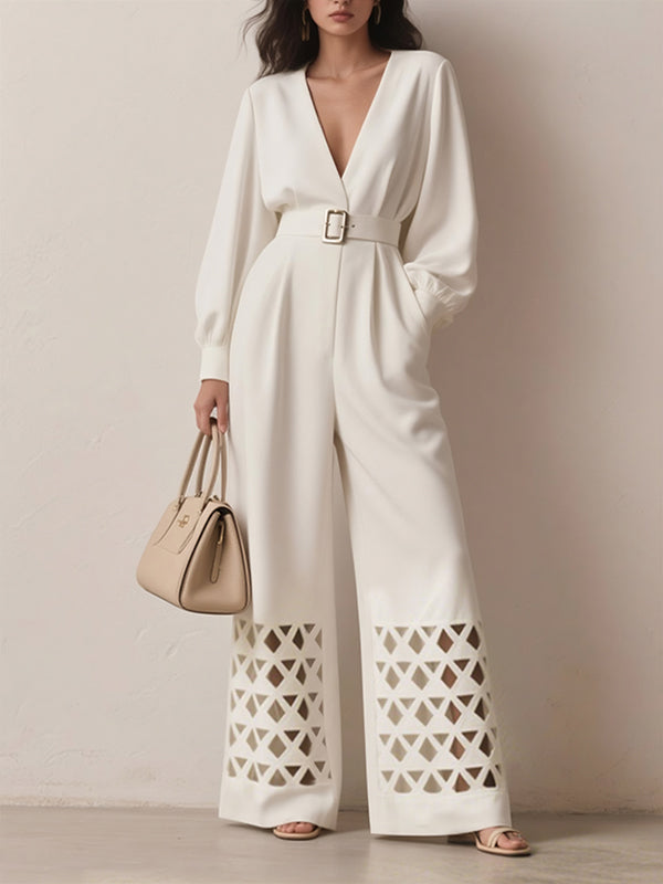 Long Sleeves Puff Sleeves Belted Hollow Solid Color Deep V-Neck Jumpsuits