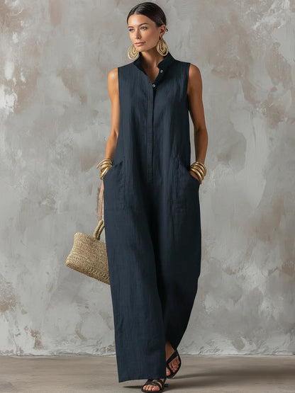 Solid Color Pockets Buttoned Wide Leg Sleeveless Stand Collar Jumpsuits