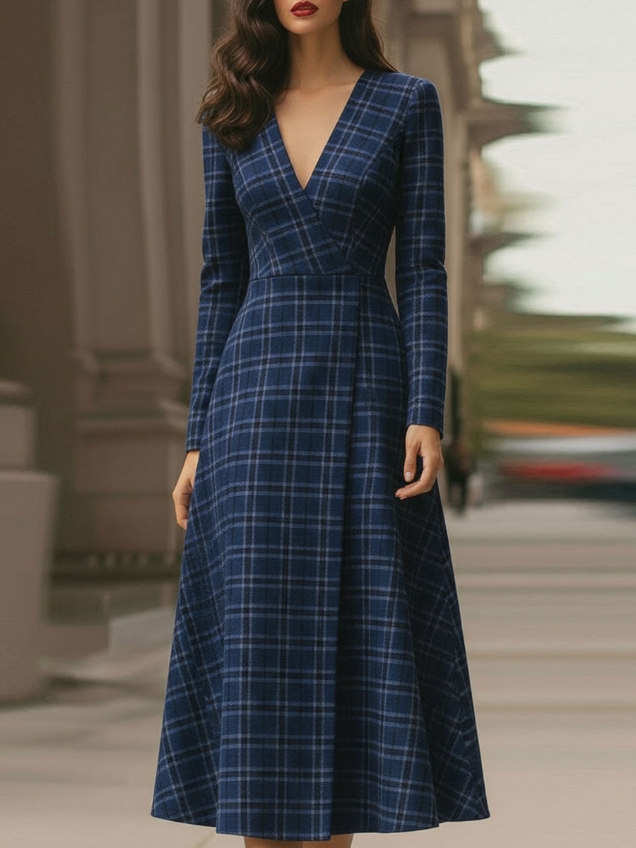 A-Line High Waisted Plaid Pleated Deep V-Neck Maxi Dresses