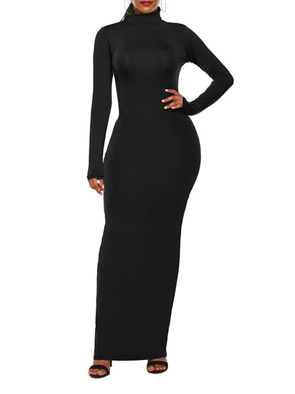 Bodycon Long Sleeves Solid Color High Neck Maxi Dresses