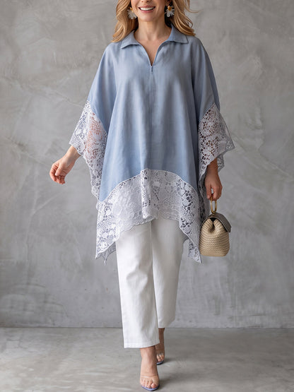 Zipper Split-Joint Solid Color Loose Half Sleeves Lapel Blouses&shirts Tops