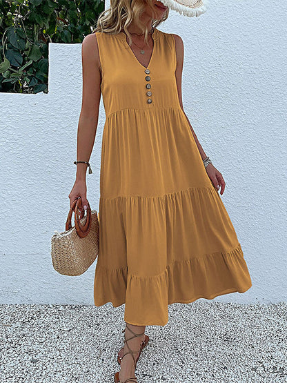 Loose Sleeveless Pleated Split-Joint V-Neck Midi Dresses