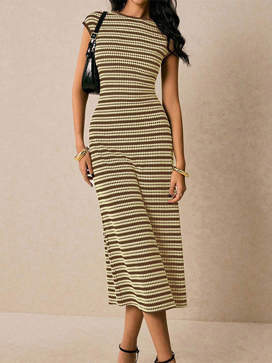 Sleeveless Contrast Color Split-Joint Striped Round-Neck Midi Dresses