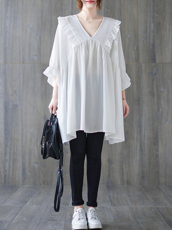 Loose Ruffle Sleeves Ruffled Solid Color Peter Pan Collar Blouses&Shirts Tops