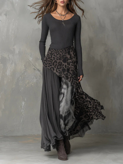 High Waisted Long Sleeves Leopard Printed Split-Joint Round-Neck Maxi Dresses