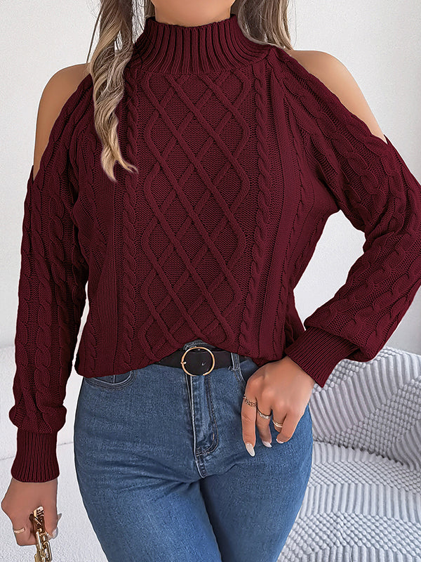 Long Sleeves Loose Hollow Solid Color Cold Shoulder Pullovers Sweater Tops