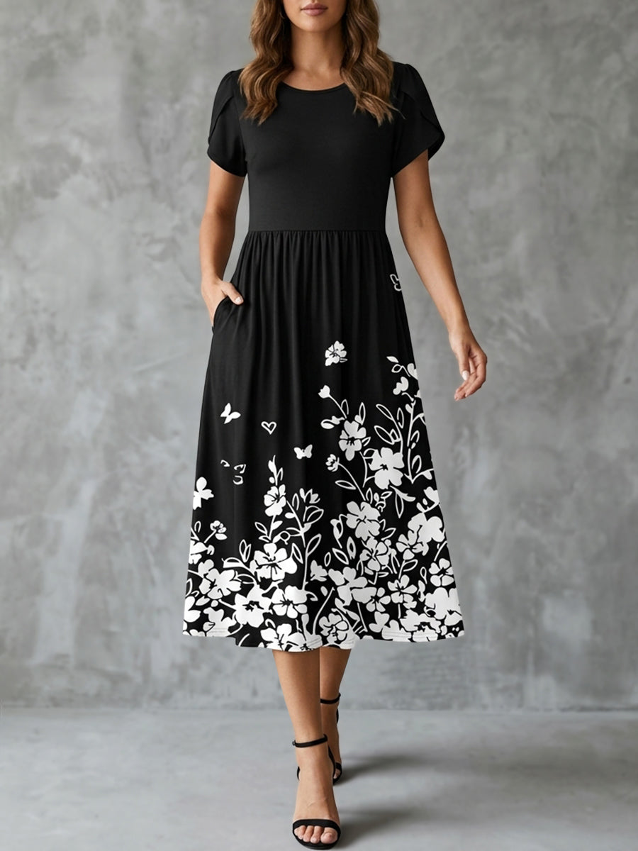 A-line High Waisted Contrast Color Flower Print Pleated Pockets Split-Joint Round-neck Midi Dresses