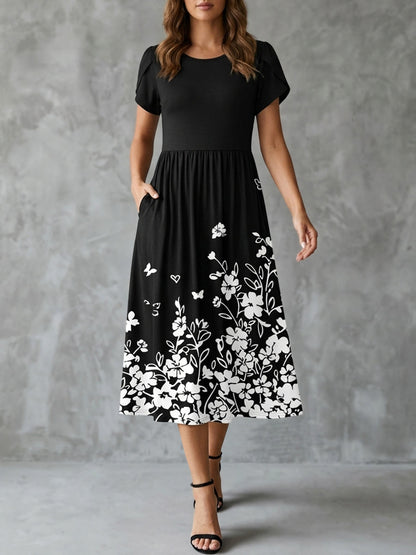 A-line High Waisted Contrast Color Flower Print Pleated Pockets Split-Joint Round-neck Midi Dresses