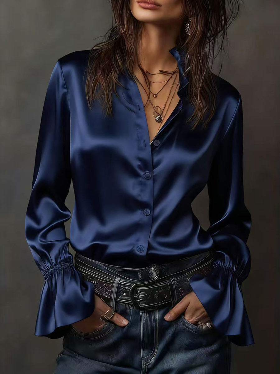 Flared Sleeves Long Sleeves Buttoned Elasticity Solid Color Lapel Blouses&Shirts Tops