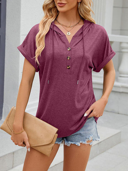 Loose Buttoned Hooded Solid Color Shirts Tops