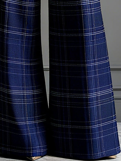 High Waisted Wide Leg No Belt Plaid Pleated Pockets Pants Trousers