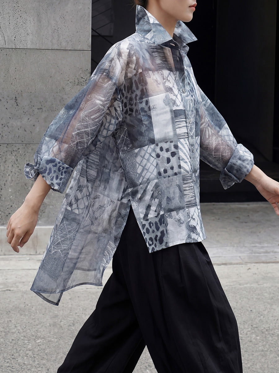 High-Low Long Sleeves Buttoned Contrast Color Printed See-Through Split-Joint Lapel Blouses&Shirts Tops