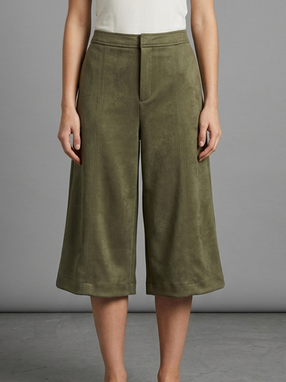 Zipper Split-Joint Solid Color Pockets Buttoned Wide Leg Loose Cropped Trousers