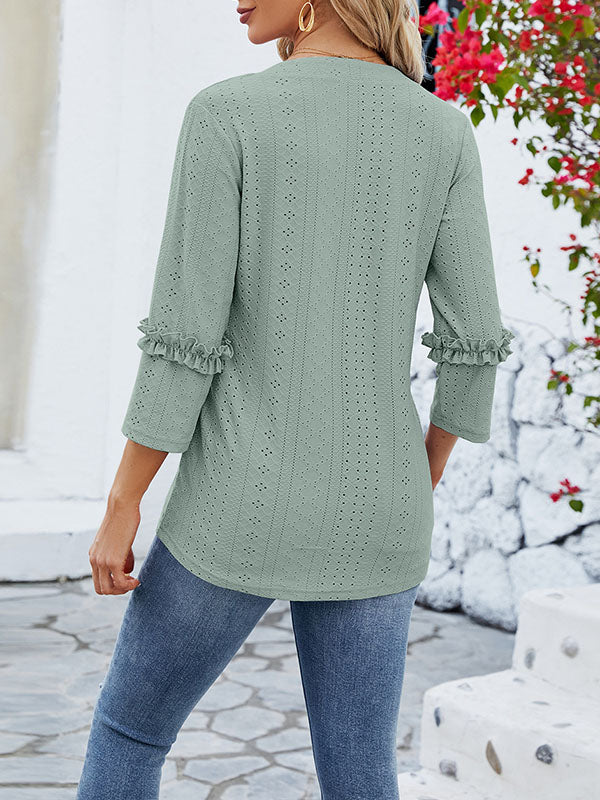 Loose Three-Quarter Sleeves Jacquard Solid Color V-Neck T-Shirts Tops