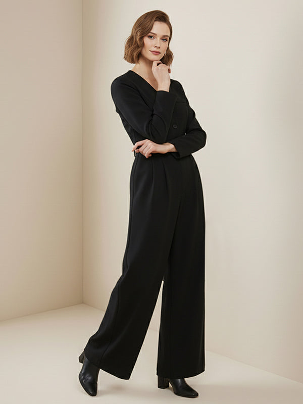 Long Sleeves Comfort Fit Solid Color V-Neck Jumpsuits