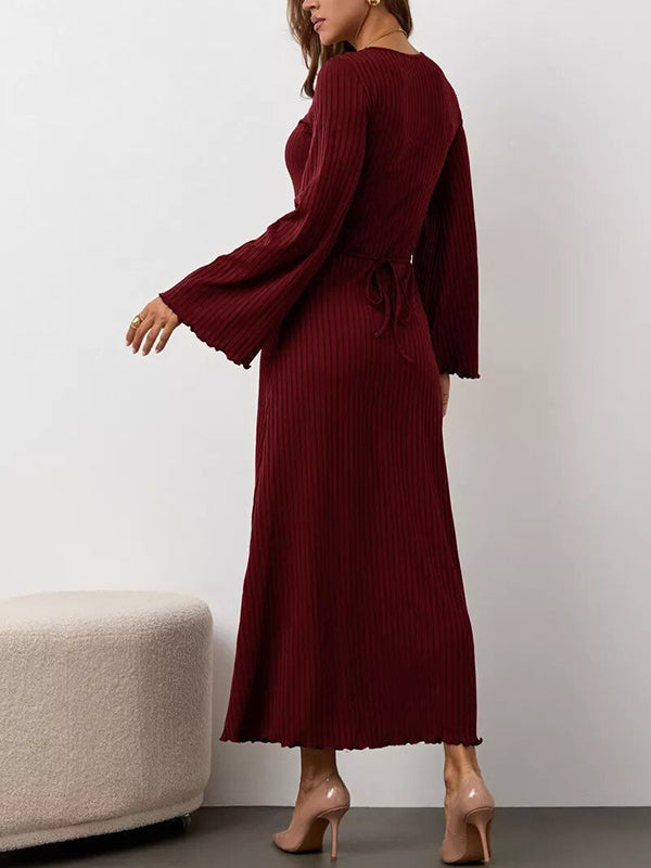 Long Sleeves Pleated Ruffled Solid Color Split-Joint Round-Neck Maxi Dresses