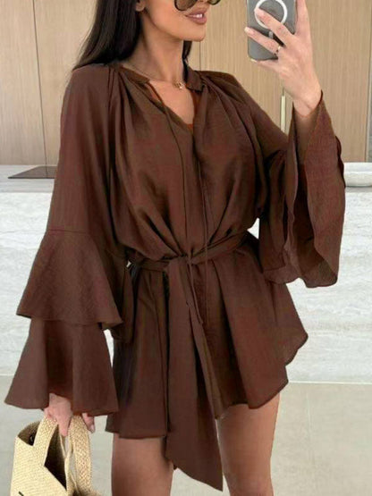 Flared Sleeves Loose Lace-Up Pleated Solid Color Split-Joint Tiered Round-Neck Mini Dresses