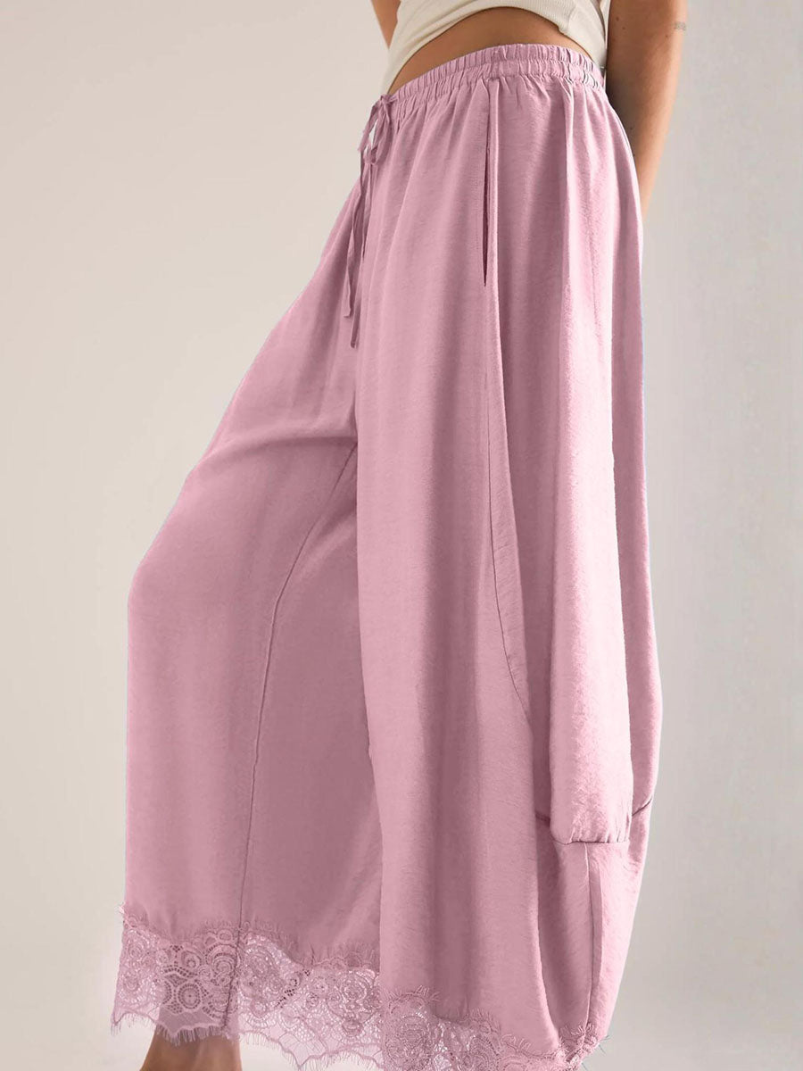 Split-Joint Solid Color Pockets Elasticity Drawstring Wide Leg Loose Trousers Pants