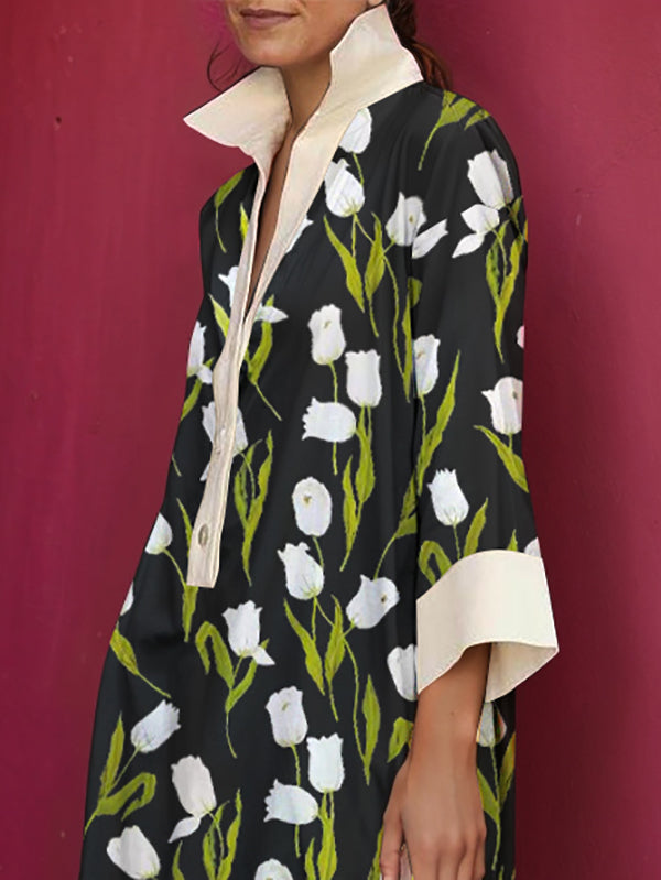 A-Linien-Minikleid mit lockerem Knopf und Blumendruck und Stehkragen 