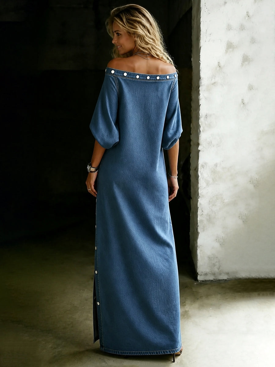 Solid Color Pockets Buttoned Three-quarter Sleeves H-line Off-the-shoulder Maxi Dresses