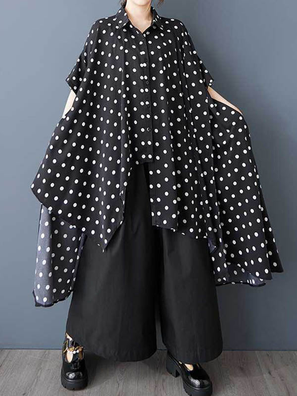 A-Line High-Low Asymmetric Buttoned Polka-Dot Lapel Midi Dresses Shirt Dress