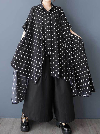 A-Line High-Low Asymmetric Buttoned Polka-Dot Lapel Midi Dresses Shirt Dress