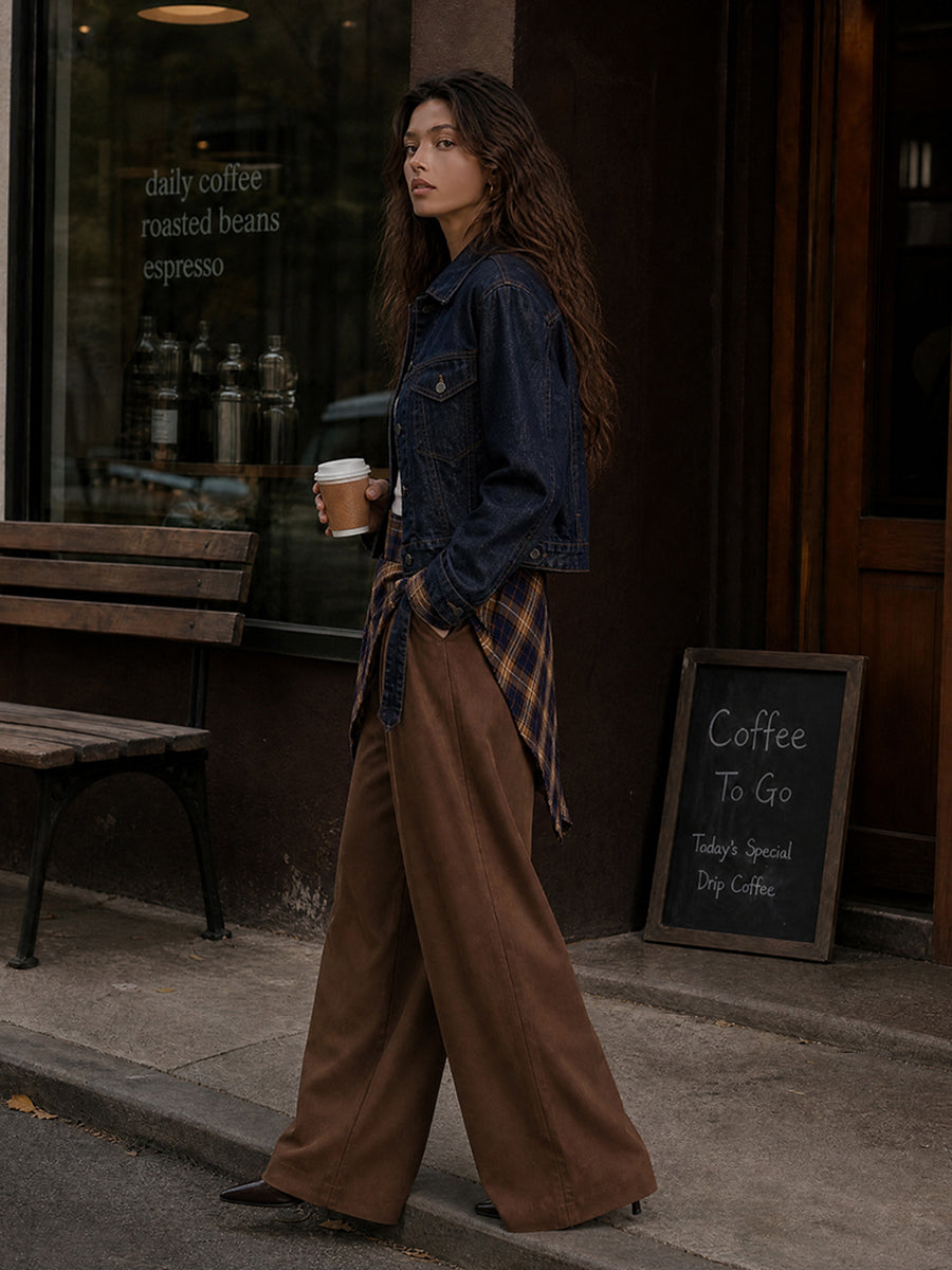 Pockets Plaid Wide Leg High Waisted Trousers Pants