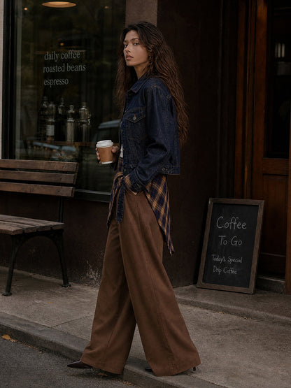 Pockets Plaid Wide Leg High Waisted Trousers Pants
