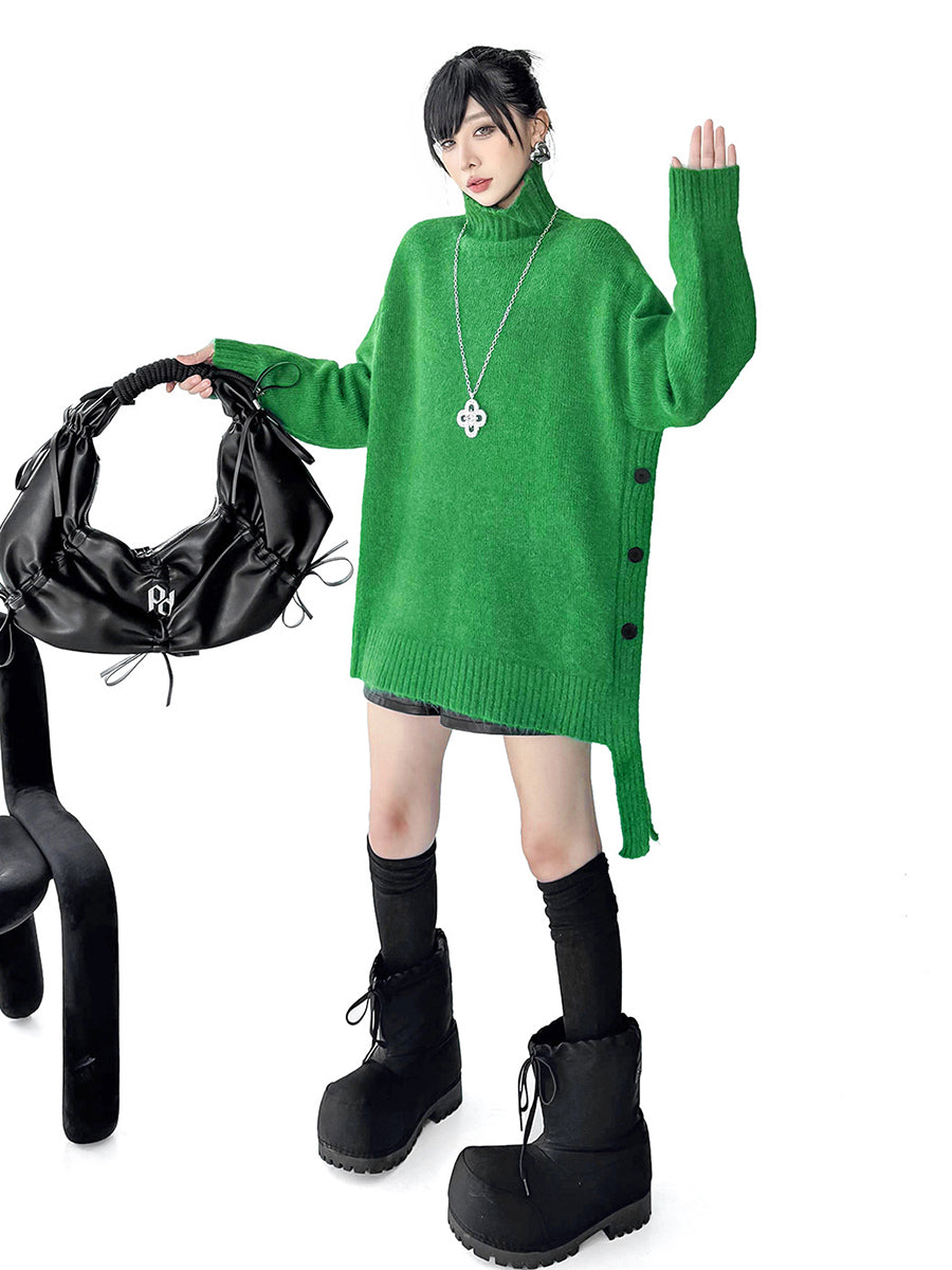 Irregularity Long Sleeves Buttoned Ribs Solid Color Split-Joint High Neck Sweater Tops