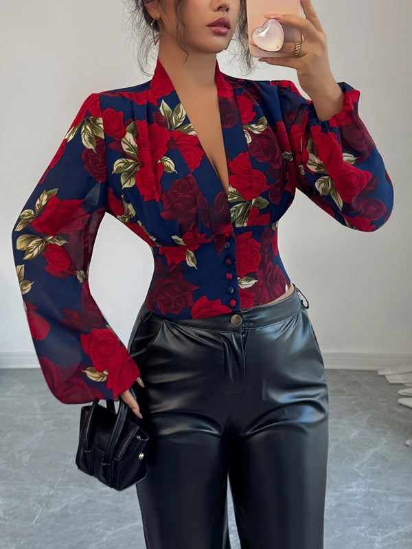 Long Sleeves Puff Sleeves Buttoned Flower Print Deep V-Neck Blouses&Shirts Tops