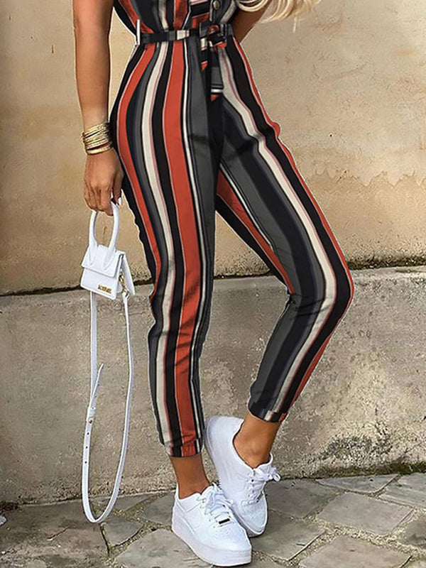 Loose Plus Size Split-Joint Striped Tied Waist Lapel Jumpsuits