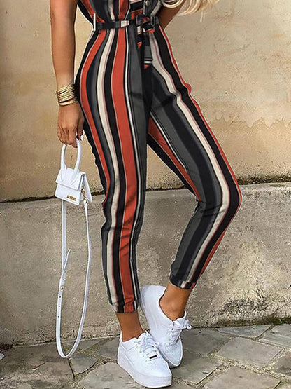Loose Plus Size Split-Joint Striped Tied Waist Lapel Jumpsuits