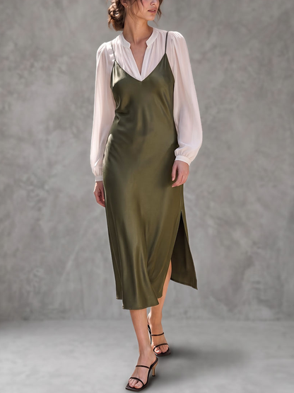 Split-side Solid Color Contrast Color Sleeveless Bodycon V-neck Midi Dresses