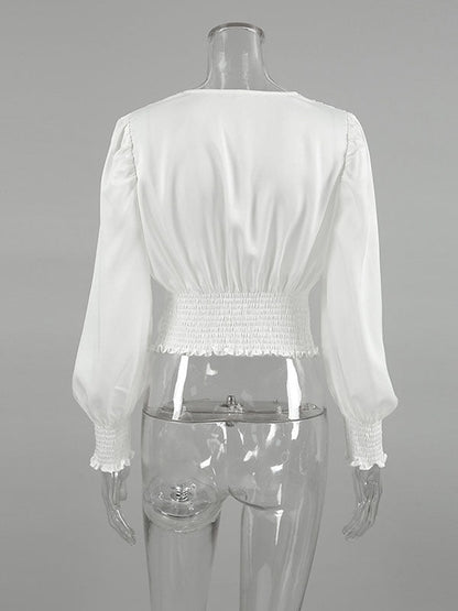 Loose Puff Sleeves Elasticity Pleated Solid Color Split-Joint V-Neck Blouses&Shirts Tops