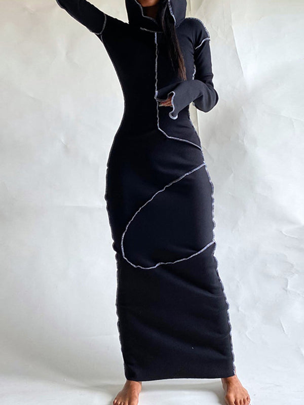 Robe longue fendue à capuche et manches longues, grande taille, couleur unie 