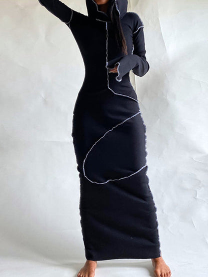 Robe longue fendue à capuche et manches longues, grande taille, couleur unie 