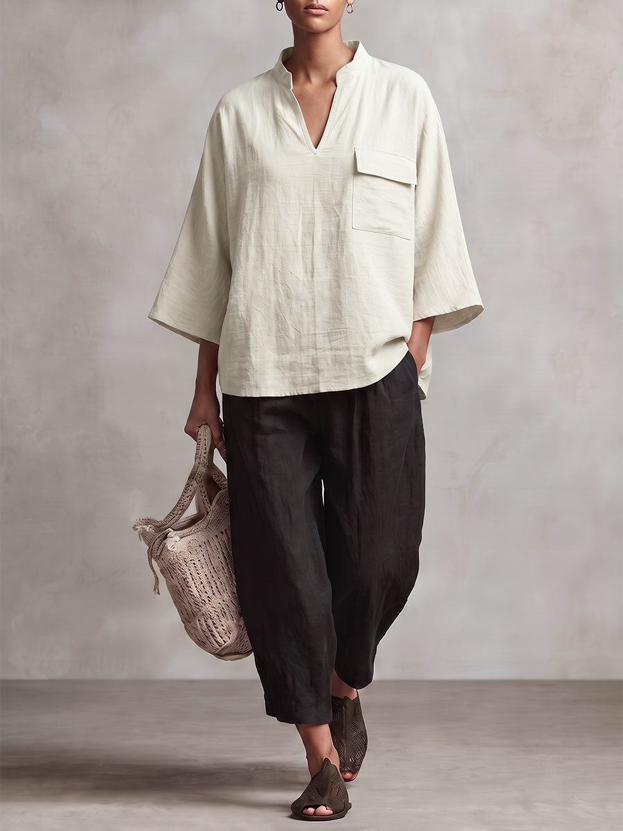 Solid Color Pockets Loose Long Sleeves V-neck Blouses&shirts Tops