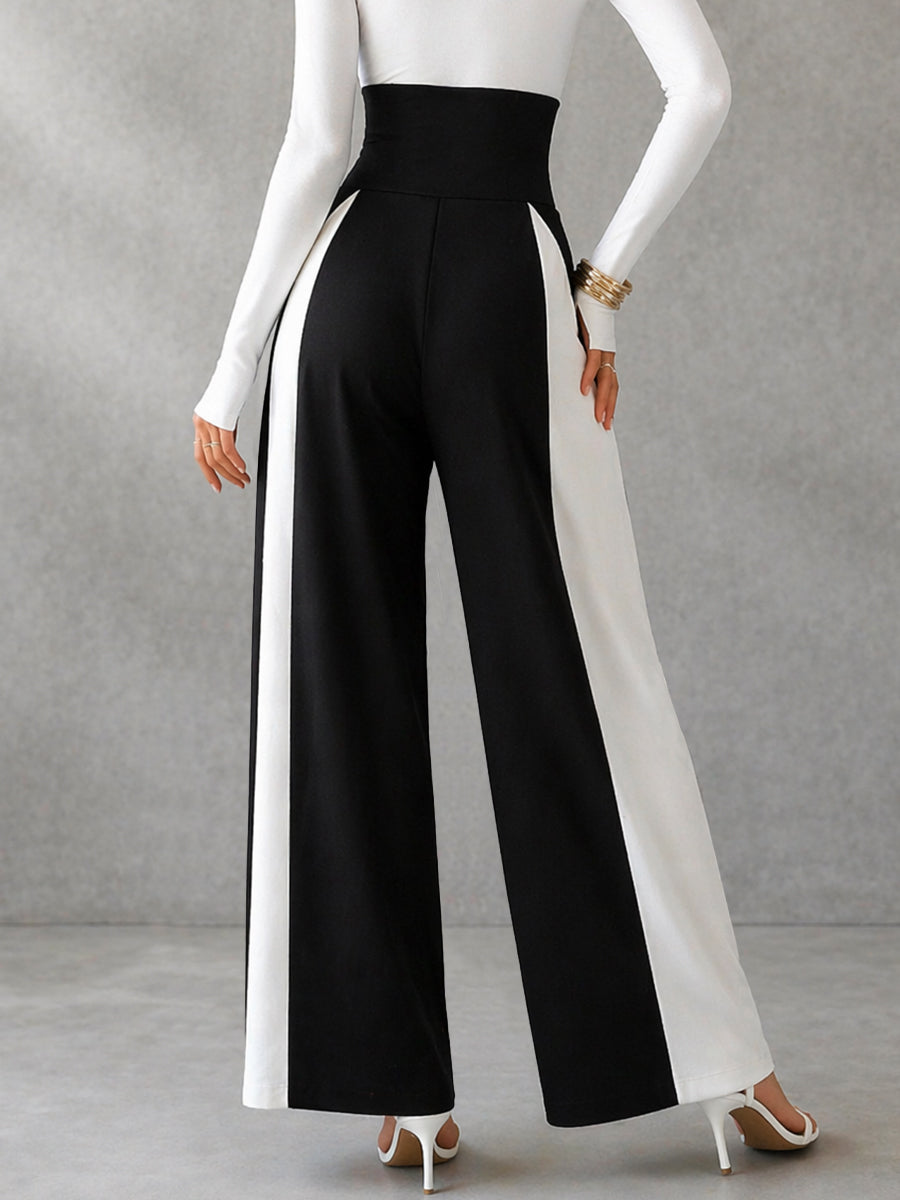 High Waisted Wide Leg Buttoned Contrast Color Split-Joint Pants Trousers