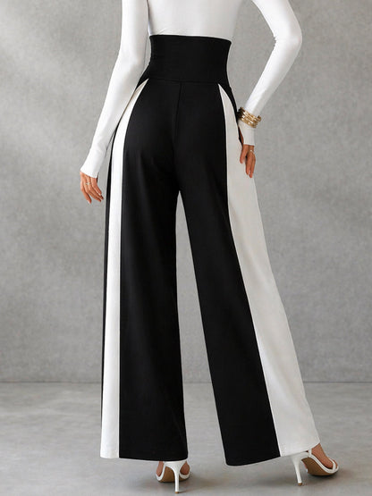 High Waisted Wide Leg Buttoned Contrast Color Split-Joint Pants Trousers