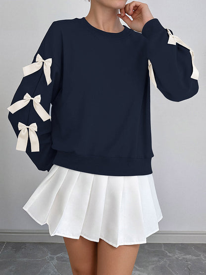 Split-Joint Contrast Color Bow-Embellished Loose Long Sleeves Round-Neck Sweatshirt Tops