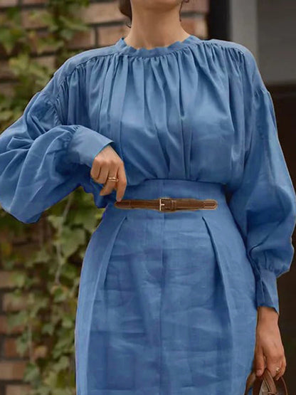 Long Sleeves Pleated Solid Color Split-Joint Round-Neck Blouses&Shirts Tops