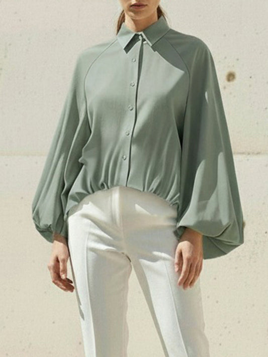 High-Low Puff Sleeves Buttoned Solid Color Split-Joint Lapel Blouses