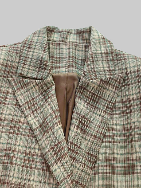 Long Sleeves Loose Buttoned Plaid Pockets Lapel Blazer Outerwear