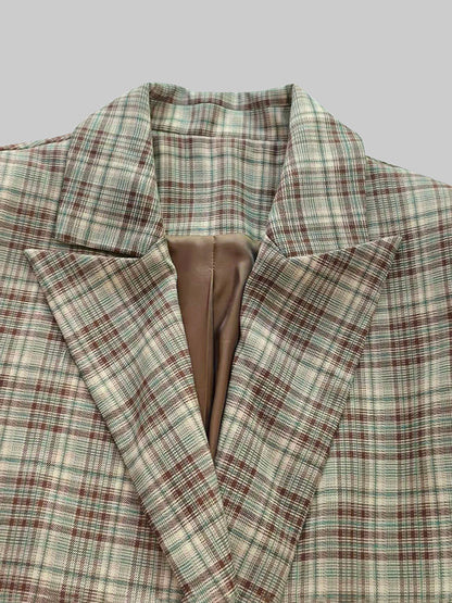 Long Sleeves Loose Buttoned Plaid Pockets Lapel Blazer Outerwear